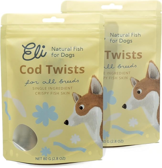 Eli Cod Skin Twists – A Natural, Crunchy Dog Treat Made from Twisted Cod Skins, High in Protein and Omega-3, Ideal for Teeth Cleaning, Single Ingredient, Grain Free, Gluten Free, Air Dried – 2 Pack