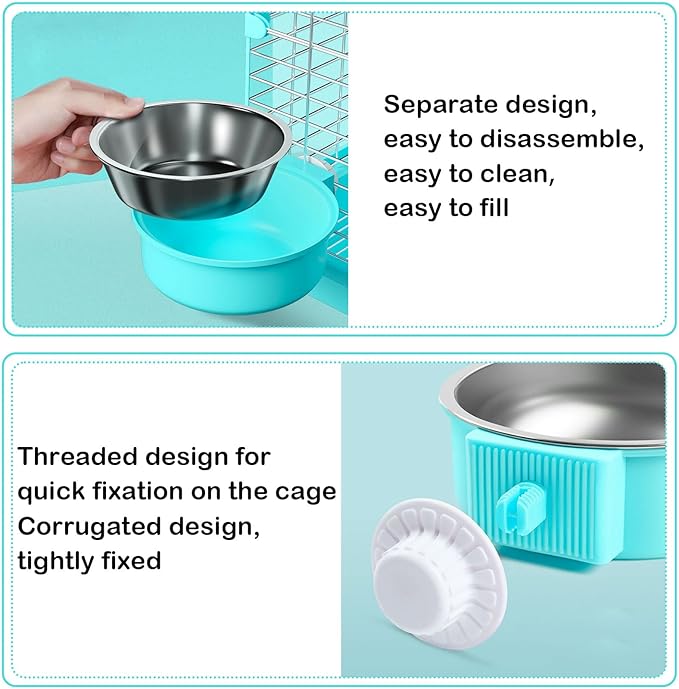 2 Pcs Crate Dog Bowl, Removable Stainless Steel Hanging Pet Food Water Feeder Pet Kennel Cage Bowl for Puppy Cat Rabbit Ferret Guinea Pig (Pink&Blue)