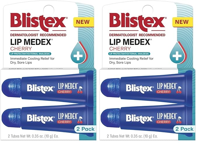 Blistex Cherry Lip Medex, 0.35 oz Each, Advanced Hydration, Medicated Relief with Cooling, Soothes and Protects, Restores Healthy Moisture Balance to Lips, 2 Count, (Pack of 2)