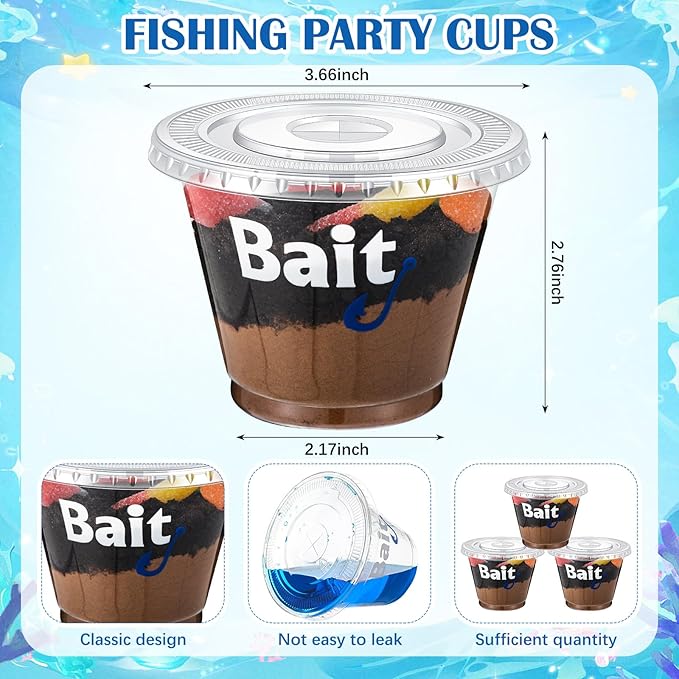 100 Pcs Fishing Party Favors 8/9 oz Bait Cups with Lids Disposable Bulk Plastic Bait Cups for Water Wine Coffee Cake Fishing Birthday Baby Shower Favors Decor (Clear,9 oz)