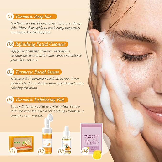 Roseye Turmeric Facial Kit with Brush - Foaming Face Wash & Soap for Refreshed Feel, Hydration, Subtle Shimmer - Unisex Skincare-5pcs
