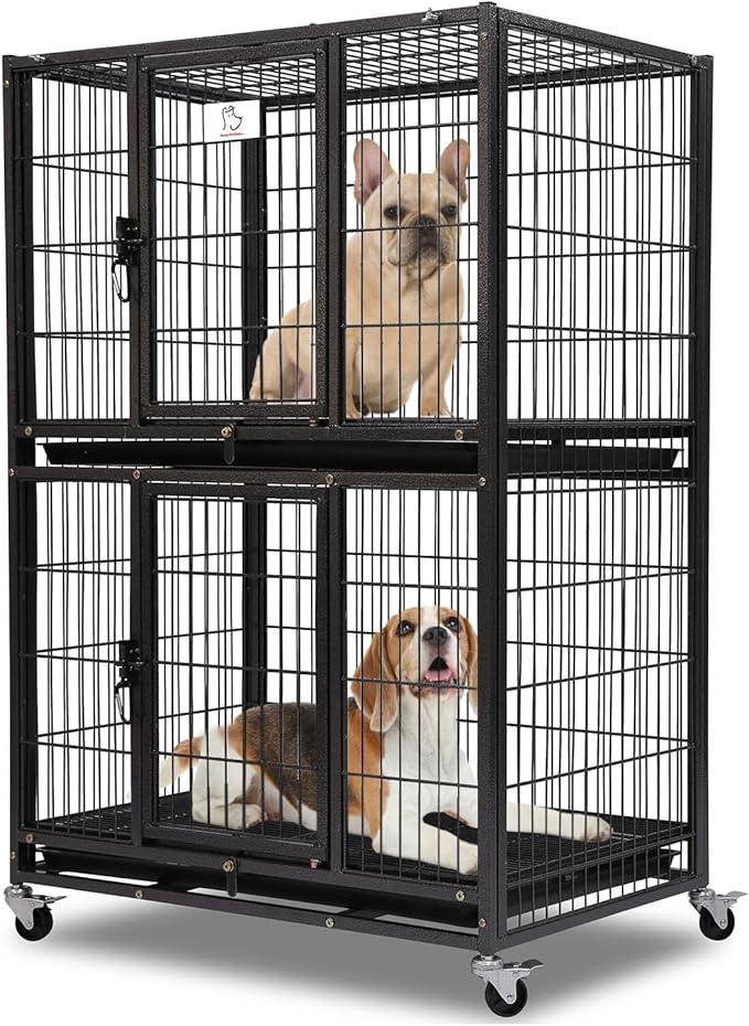 Homey Pet Two Packs 31 Inch Stackable Heavy Duty Dog Crate Cage Kennel with Four Lockable Wheels, Removable Tray, Escape Proof Wire Drop Dog Crates for Small Dogs (Two Tiers)