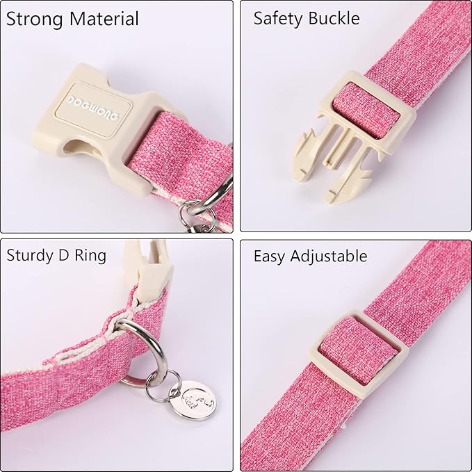 DOGWONG Cotton Hemp Dog Collar, Heavy-Duty Pink Adjustable Soft Fabric Wedding Puppy Necklace for Small to Large Dogs