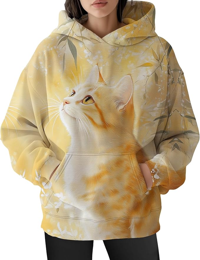 Womens Funny Cat Hoodies Oversized Graphic Hooded Sweatshirt for Women Fall Plus Size Pullover Hoodie Y2K