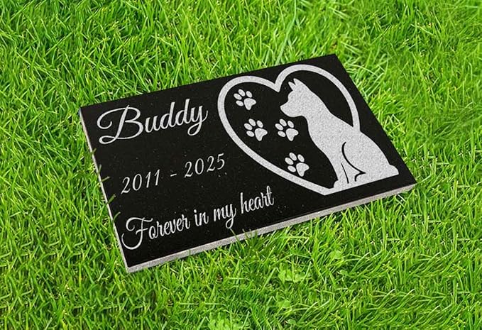 A Personalized Memorial Stone Made of Black Granite That Will Remind You of Your Beloved Pets. Paw and Stars