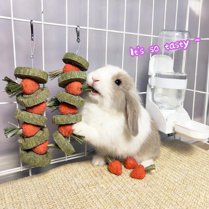 Bunny Chew Toys Guinea Pig Chew Toys for Teeth Grinding Rabbit Treats Natural Timothy Grass Cake Strawberries for Guinea Pigs Chinchillas Bunny Hamster (2 Pcs)