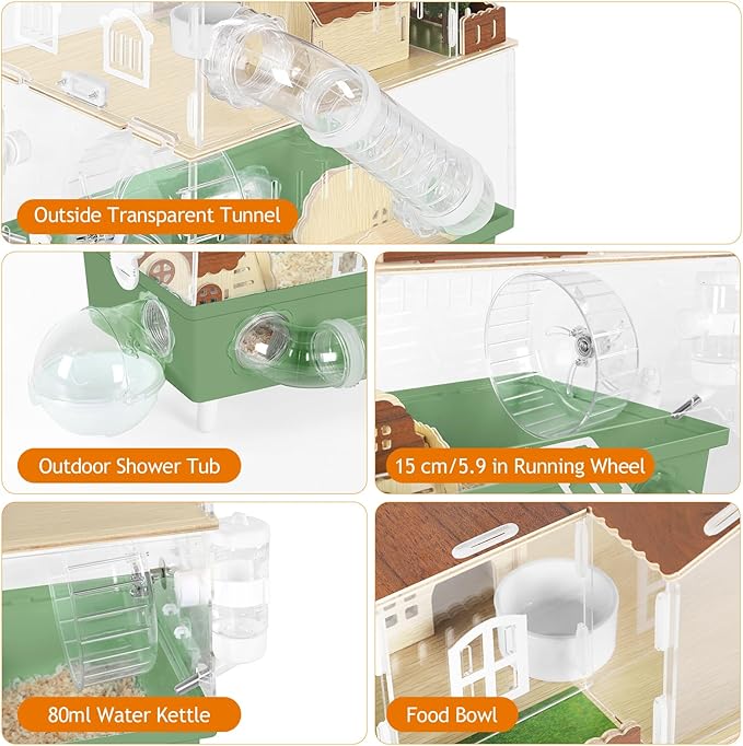 Acrylic Hamster Cage Chew Proof Hamster Habitat Large Hamster Enclosure, 13.3''* 9.8''* 17.4'' Clear Pet Mice House for Dwarf Syrian Small Hamsters, Green