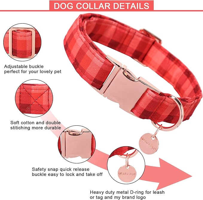 Christmas Dog Collar, Christmas Collar for Puppy Girl Boy Dog or Cat, Red Plaid Dog Collar with Durable Metal Buckle, Cute Pet Collar, M