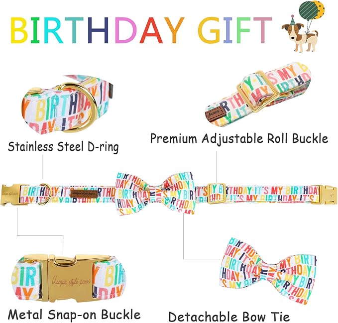 Unqiue Style Paws Birthday Dog Collar, Soft and Cute Dog Bow Tie, Durable Pet Collar with Bow Adjustable Bow Dog Collar for Small Dogs