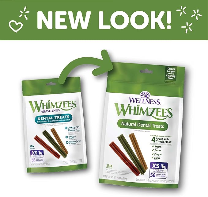 WHIMZEES Wellness Stix Dog Dental Treats, Natural Chews, Extra Small Size Stick, (56 Count)
