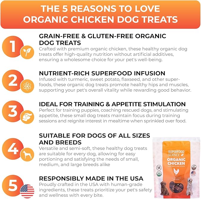 Organic Chicken Dog Treats, Low-Calorie Training Treats, Grain-Free, Semi-Soft Natural Jerky with Sweet Potato, Turmeric & Flaxseed, Healthy Dog Snacks for Puppies & Small, Medium & Large Dogs, 5 oz