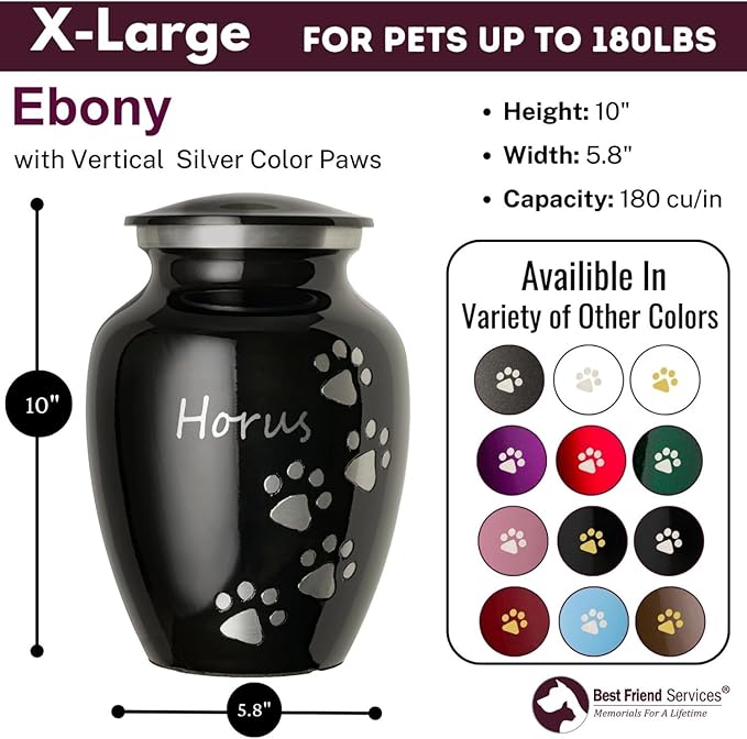 Pet Urn for Dogs and Cats with Personalized Laser Engraving, Ottillie Paws Premier Series Memorial Urns (X-Large Ebony with Vertical Pewter Paws)