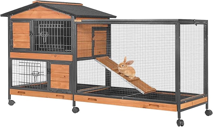 Rabbit Hutch with Chew Proof Metal Frame Indoor and Outdoor, Mobile Rabbit Cage with Wheels, Large Bunny Cage with Leakproof Trays and Waterproof Roof for Guinea Pig, Small Animals (Orange)