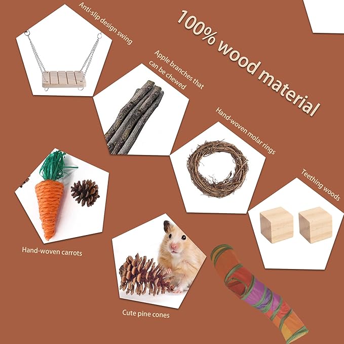 Small Animal Toys for Hamsters, Rabbits, Squirrels, and Guinea Pigs, Natural Wooden chew Toys That can Improve Learning and Relieve Anxiety, 11-Pack