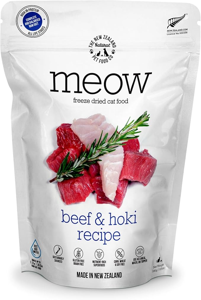 The New Zealand Natural Pet Food Co. Meow Freeze Dried Cat Food - Beef & Hoki Recipe, High Protein Treats, Meals & Toppers, Dry Cat Food, 9.9 oz