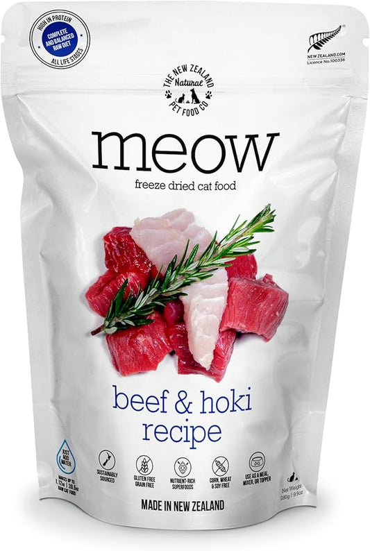 The New Zealand Natural Pet Food Co. Meow Freeze Dried Cat Food - Beef & Hoki Recipe, High Protein Treats, Meals & Toppers, Dry Cat Food, 9.9 oz
