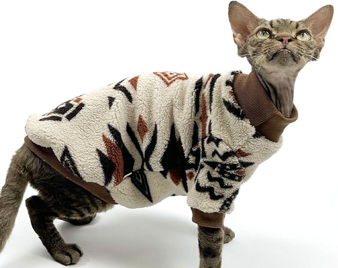 Cat Festive Sweater Pullover, Classic Soft Warm Christmas Clothes for Hairless Sphynx, Devon & All Indoor Kittens (Geometric,S)