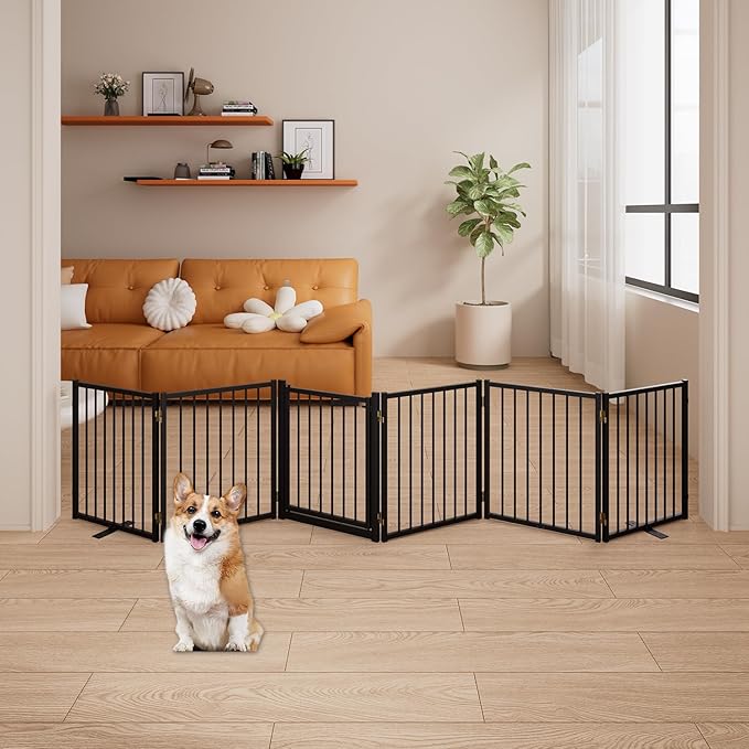 6 Panels Full Metal Freestanding Dog Gates with Door, 120” W x 24” H Folding Pet Gate Fence with Support Feet for Indoor,Stairs, Hallways and Doorways(Black)
