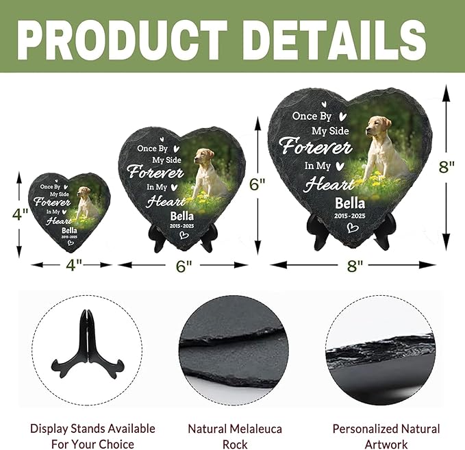 Personalized Pet Memorial Heart Stone Plaque with Stand, Custom Photo Remembrance Tribute Gift，Dog Cat Loss Sympathy Bereavement Gifts