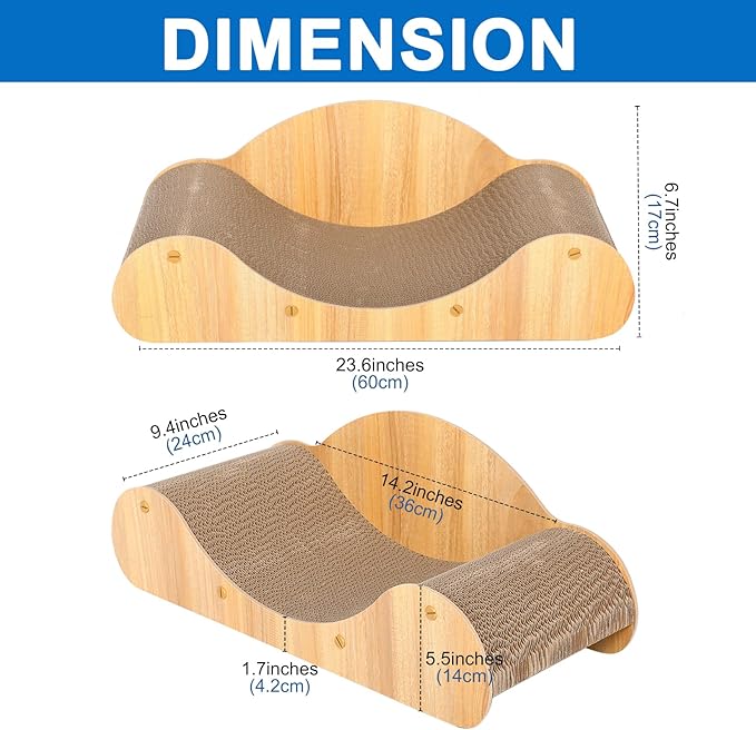 Simple Deluxe Cat Scratcher Cardboard Bed, Natural Solid Wood Scratch Lounger for Scratching&Sleeping, 23 inches Scratching Board Furniture Protector, Curved