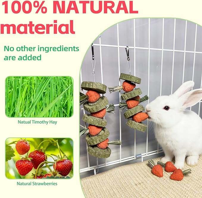 Bunny Chew Toys Guinea Pig Chew Toys for Teeth Grinding Rabbit Treats Natural Timothy Grass Cake Strawberries for Guinea Pigs Chinchillas Bunny Hamster (2 Pcs)