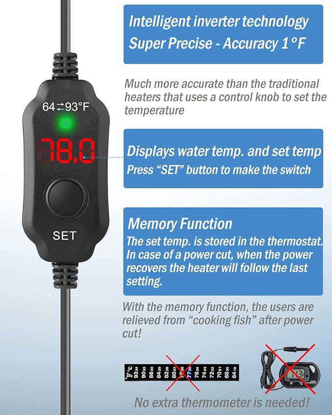 AquaMiracle Adjustable 10W Small Aquarium Heater Submersible Fish Tank Heater Betta Heater Turtle Heater Super Mini Aquarium Heater with Digital Display Thermostat, for 1-2 Gallon Tanks