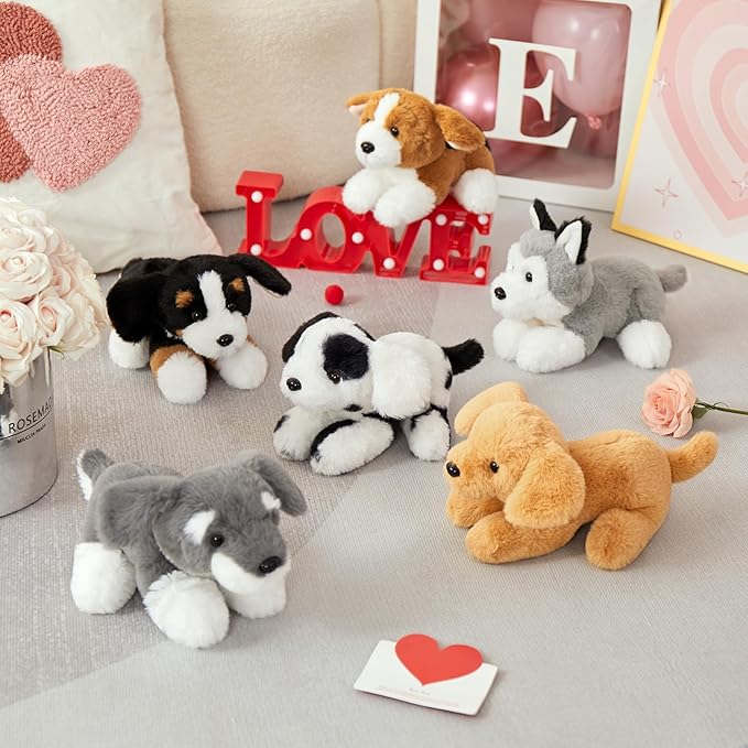 Tezituor 6 Pcs Bulk Stuffed Animals, 11" Fluffy Assorted Stuffed Puppy Plush Toys for Kids, Dog Doll Set for Dog Themed Party Favors Gift (Lying)