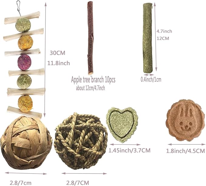 28PCS Bunny Chew Toys for Teeth, Natural Rabbit hamstersToys Apple Wood Grass Timothy Sticks Chew and Treat for Guinea Pigs Chinchillas