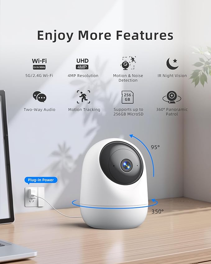 Indoor Camera 5G WiFi Pan Tilt 2.5K 4MP Support up to 256GB SD Card (Not Included) Plug-in Pet Camera with Speaker for Dog/Cat Baby Monitor with Phone App, Motion Tracking, Compatible with Alexa