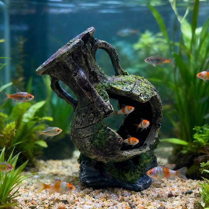 Aquarium Decoration - Fish Tank Cave Decoration Accessories Resin Classical Ceramic Jar Decoration Betta Fish, Shrimp, Cichlid Rest, Entertainment, and Breeding Spacious Hide and Play Place