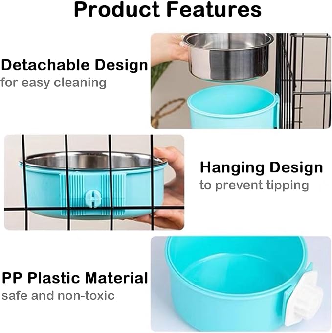 2 Pcs Crate Dog Bowl, Removable Stainless Steel Hanging Pet Food Water Feeder Pet Kennel Cage Bowl for Puppy Cat Rabbit Ferret Guinea Pig (Pink&Blue)