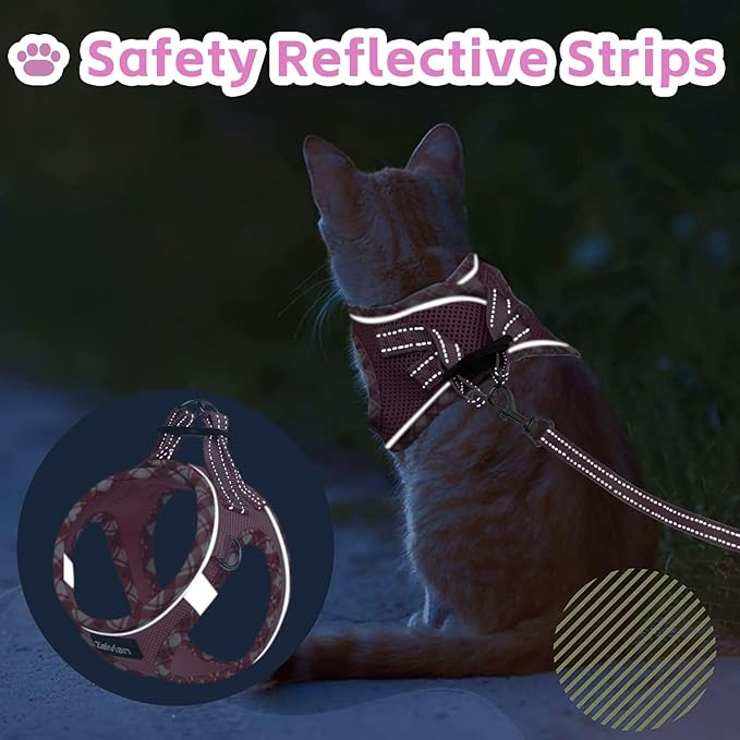 Cat Harness and Leash Set for Walking, Escape Proof Adjustable Soft Mesh Kitten Harness with Reflective Strips, Breathable No-Choke Pet Vest for Large Cats or Small Dogs(Pink,L)