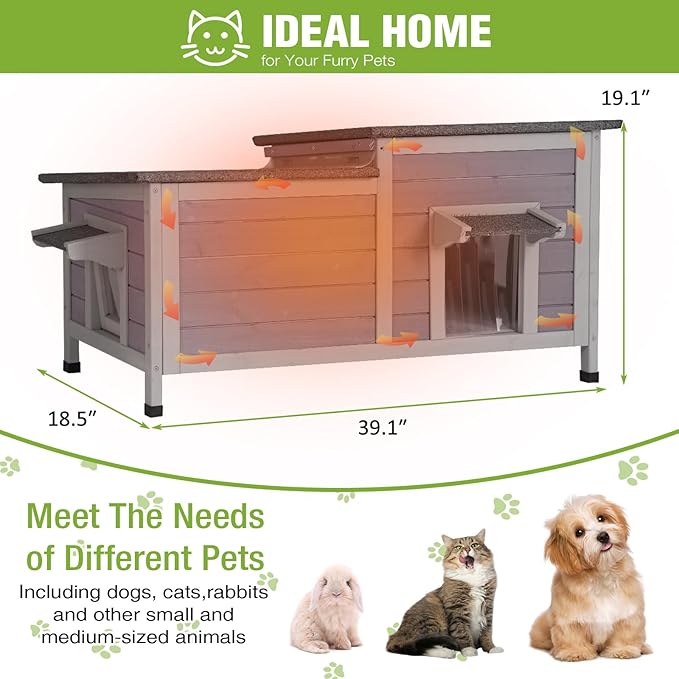 GUTINNEEN Outdoor Cat House Large Insulated Cat House Indestructible Weatherproof Feral Cat Shelter with Openable Hinged Roof, Escape Door for 1-4 Feral Barn Cats (Winter-Ready, 39.1"x18.5"x19.1")