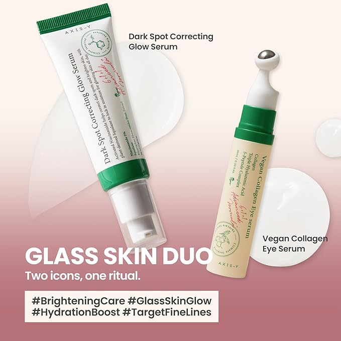 AXIS-Y Glass Skin Duo Korean Skin Care Set - Travel Essentials Holiday Gift with Dark Spot Correcting Glow Serum Targets Spot Treatment for Face & Vegan Collagen Eye Serum for Dark Circles Fine Lines
