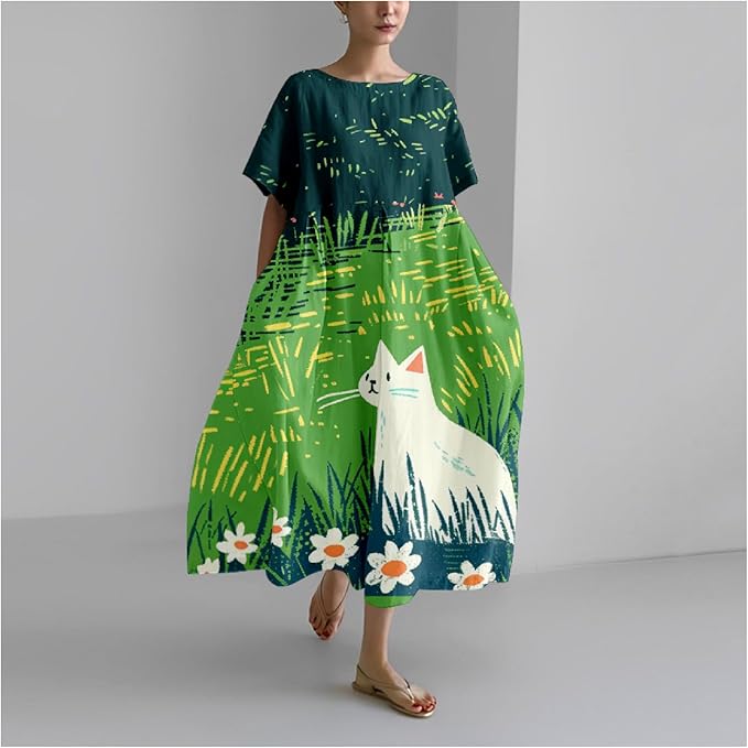 MARSVOVO Summer Dress for Women Funny Cat Graphic Cute Short Sleeve Maxi Dress Causal Plus Size Party Dress for Women