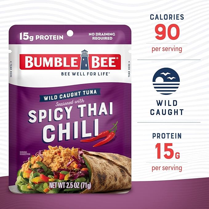 Bumble Bee Spicy Thai Chili Seasoned Tuna, 2.5 oz Pouch - Ready to Eat - Wild Caught Tuna Pouch - 14g Protein per Serving - Gluten Free (Pack of 5)