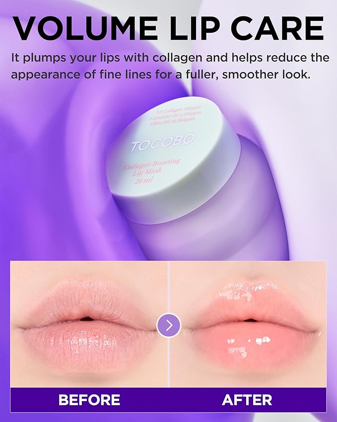 TOCOBO Collagen Lip Mask – Fermented Collagen Overnight Lip Sleeping Mask with Peptide & PHA | Korean Vegan Treatment for Dry, Aging Lips | Balm-to-Oil Plump-Looking Care, Lavender Scent | 0.68 oz