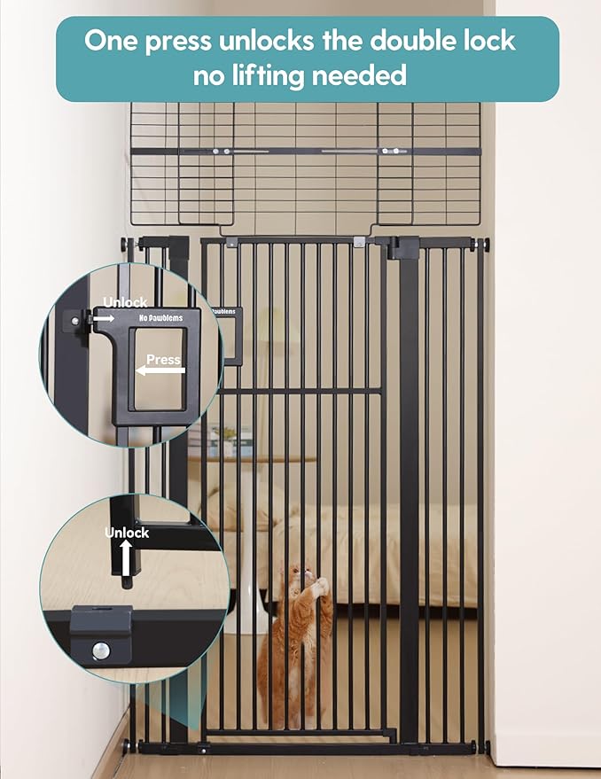 No Pawblems Upgraded 71" Extra Tall Pet Gate for Cat, 29-43" Auto Close Cat Gate for Doorways/Stairs/Hallways, NO Drilling Pressure Mounted Tall Dog Gate Indoor, 1.37" Pet-Safe Gap, Black