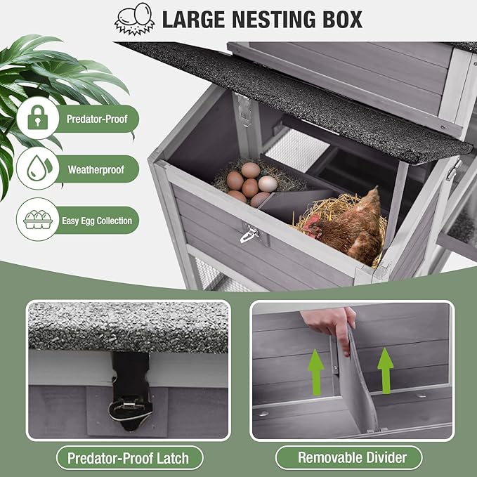 Chicken Coop for Outdoor - Poultry Cage with Wheels, Nesting Box, Leakproof Pull-on Tray, and Asphalt Waterproof Roof - Grey