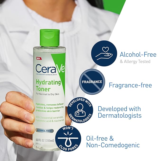 CeraVe Hydrating Toner for Face Non-Alcoholic with Hyaluronic Acid, Niacinamide, and Ceramides for Sensitive Dry Skin, Fragrance-Free Non Comedogenic, Full Size, 6.8 Fl Oz
