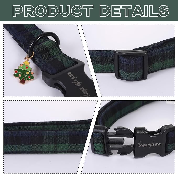 Unique Style Paws Christmas Dog Collar Plastic Buckle with Pendant Green Plaid Cotton Puppy Collars for Small Medium Large Dogs