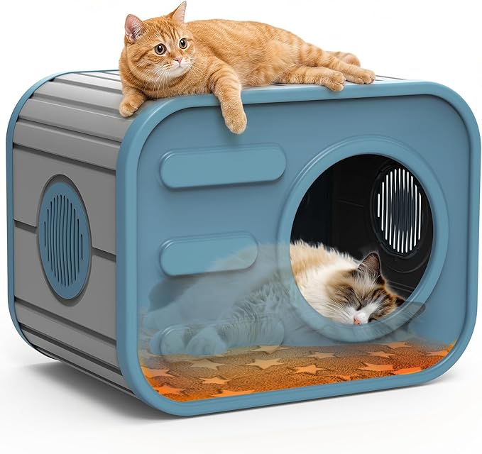 Outdoor Cat House, Outside Cat Shelter with Bed Mat for Feral Cat, Plastic Pet House for Indoor and Outdoor Use, Weatherproof, Blue