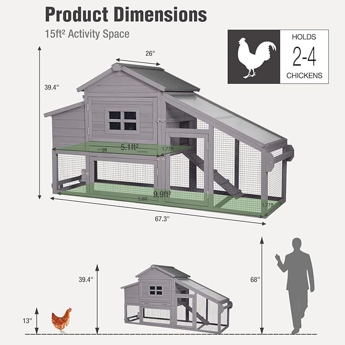 Chicken Coop with Wheels, Mobile Outdoor Chicken House with Leakproof Pull-on Tray, Nesting Box, Waterproof Roof - Grey