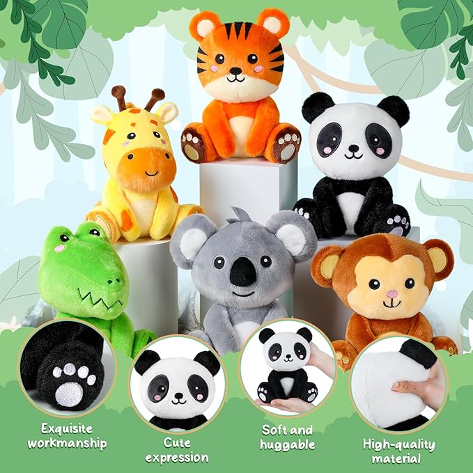 6 Pcs Small Stuffed Safari Animals Bulk, 7 Inch Jungle Animals Stuffed Toys, Plush Panda Crocodile Monkey Giraffe Tiger Elephant for Baby Shower Safari Jungle Themed Party Student Award