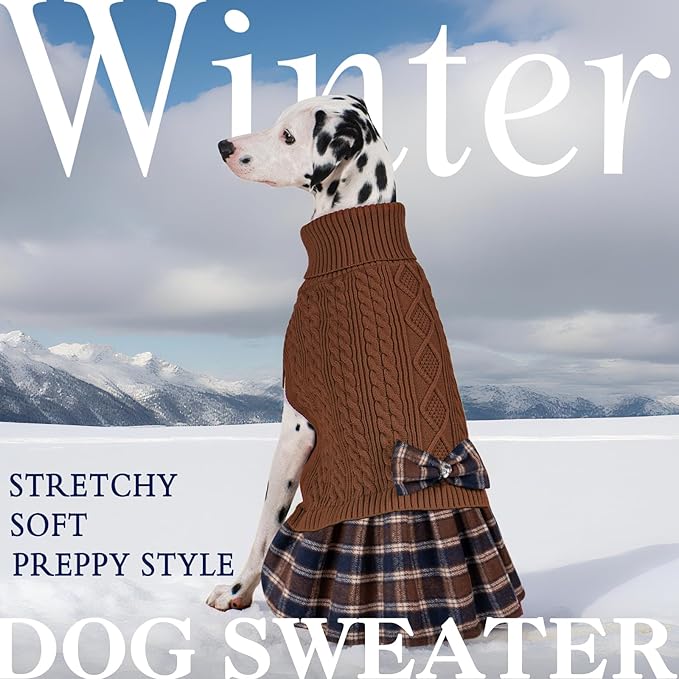KYEESE Dog Sweater Stretchy Pet Coats Soft Pullover Dogs Clothes Thick Knitwear Pet Sweater Dress Comfy Dog Sweaters for Medium Dogs Boy Warm Turtleneck Pets Sweaters with Bowtie, Brown, XX-Large