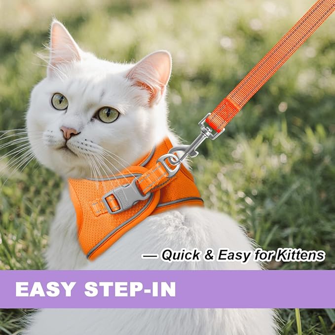 Cat Harness and Leash Set,Escape Proof Kitten Harness,Step in Adjustable Soft Lightweight,Easy Control,Reflective Strips Comfortable for Walking Travel(Orange,M)