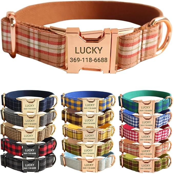 PETDURO Personalized Plaid Dog Collar Orange - Engraved Name and Phone Number on Rose Gold Metal Buckle - Custom for Small Medium Large Boy Girl Dogs - Add Leash Bow Tie via Customize Now