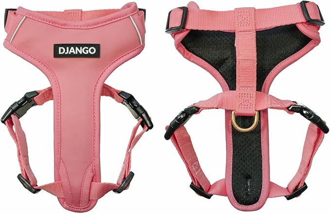 DJANGO Adventure Dog Harness - Stylish, and Durable Medium Dog Harness for Outdoor Adventures and Everyday Wear - Quartz Pink Neoprene Adjustable Harness for Dogs with Reflective Piping, Brass D-Ring