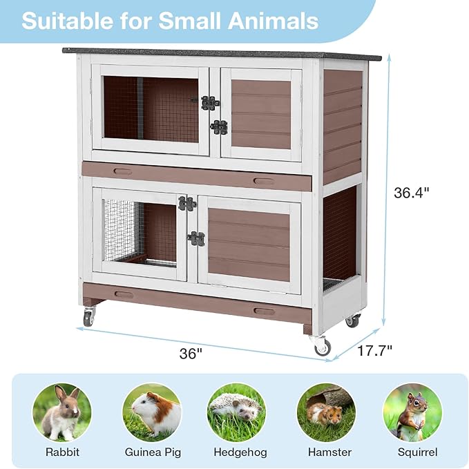 36’’ Wooden Rabbit Hutch Indoor or Outdoor, 2 Story Rabbit Cage with 2 Leak Proof Trays, Mobile Bunny Hutch with Wheels, Anti-Chew Ramp for Guinea Pig (Grey)