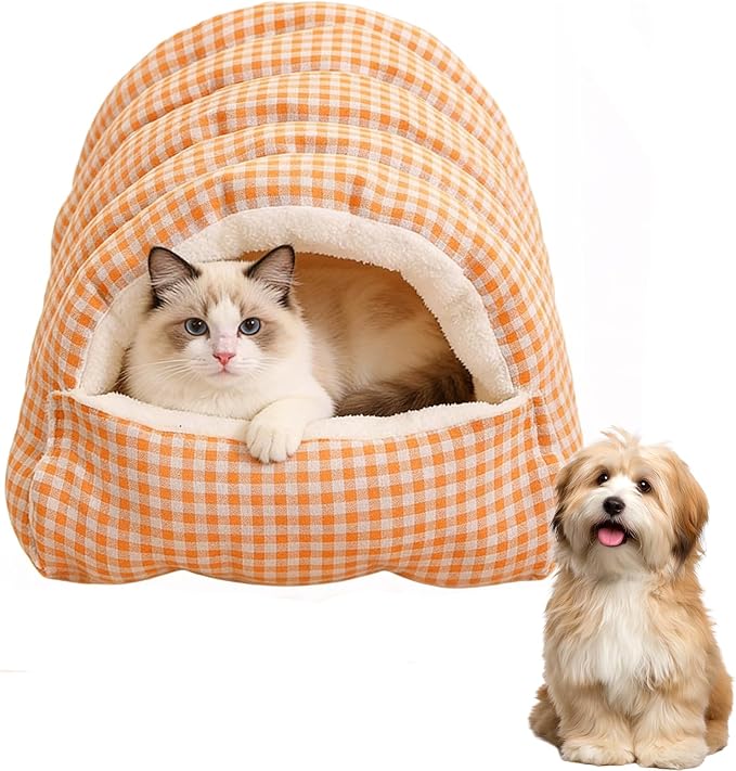Cat Dog Cave Bed, 2026 New Winter Cave for Cat and Small Dog, Warm Plush Covered Cat House with Removable Cushion,Soft Calming Indoor Cat Bed (Orange Plaid, L(20 * 16 * 11inch)